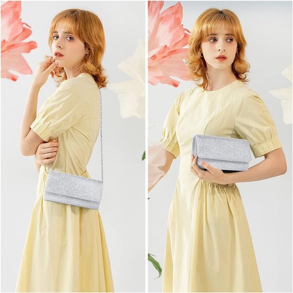 Shiny Silver Clutch Purse for Women, Evening Shoulder Bag for Wedding & Party - Picture 7 of 9